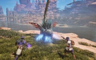 Two armed adventurers face a large spiked creature on a grassy plain below red rock cliffs.