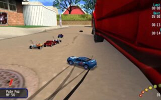 A blue radio-controlled car drifts on a suburban street past a parked red car's tire while a pack of other RC cars races ahead