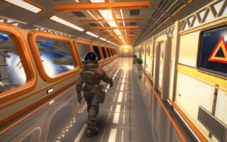 A figure in a spacesuit walks down a bright orange and white spaceship corridor, with docked ships visible through the windows.