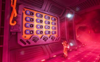 A player in an orange suit stands beside a wall panel of glowing symbol buttons in a red-lit corridor.